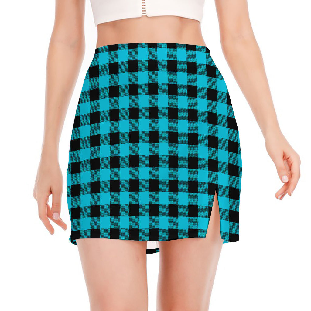 Turquoise And Black Buffalo Check Print Side Slit Mini Skirt