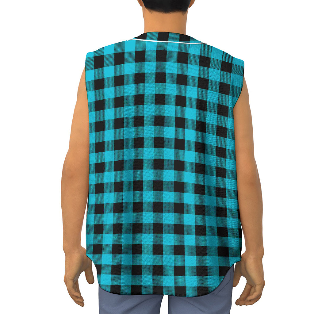 Turquoise And Black Buffalo Check Print Sleeveless Baseball Jersey