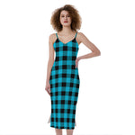 Turquoise And Black Buffalo Check Print Slim Fit Midi Cami Dress