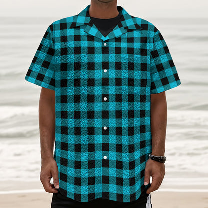Turquoise And Black Buffalo Check Print Textured Short Sleeve Shirt