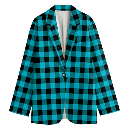 Turquoise And Black Buffalo Check Print Women's Blazer