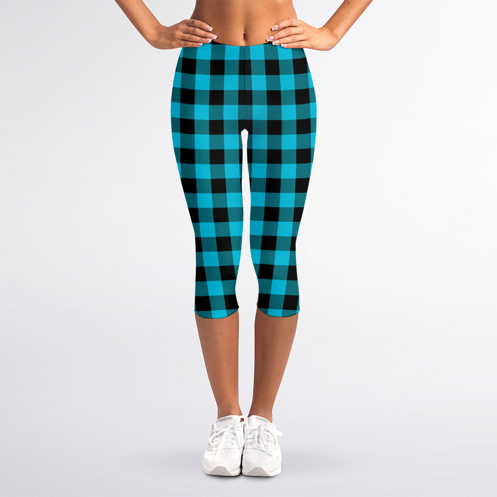 Turquoise And Black Buffalo Check Print Women's Capri Leggings
