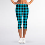Turquoise And Black Buffalo Check Print Women's Capri Leggings