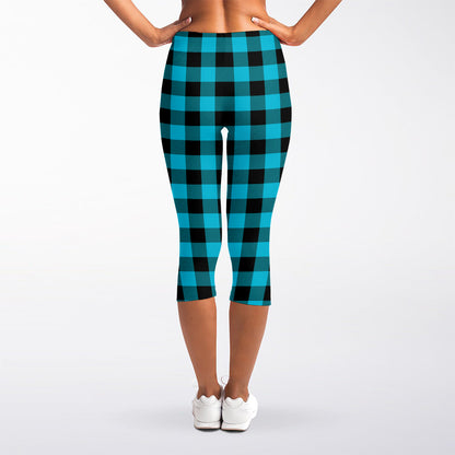 Turquoise And Black Buffalo Check Print Women's Capri Leggings