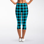 Turquoise And Black Buffalo Check Print Women's Capri Leggings