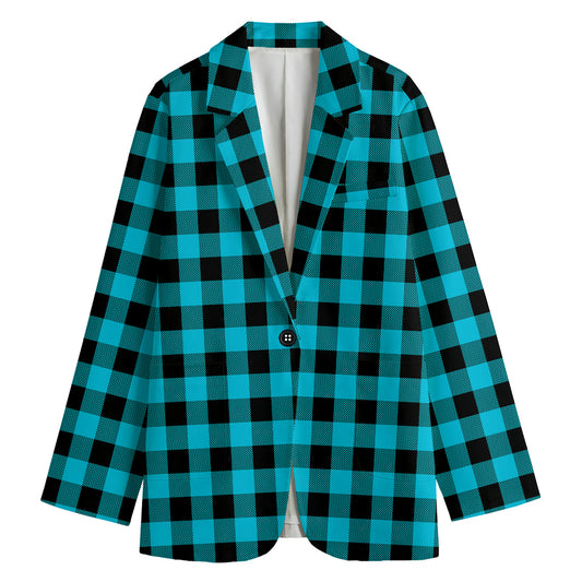 Turquoise And Black Buffalo Check Print Women's Cotton Blazer