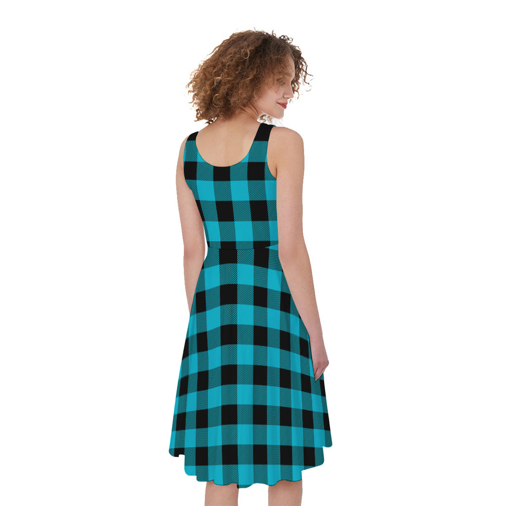 Turquoise And Black Buffalo Check Print Women's Sleeveless Dress