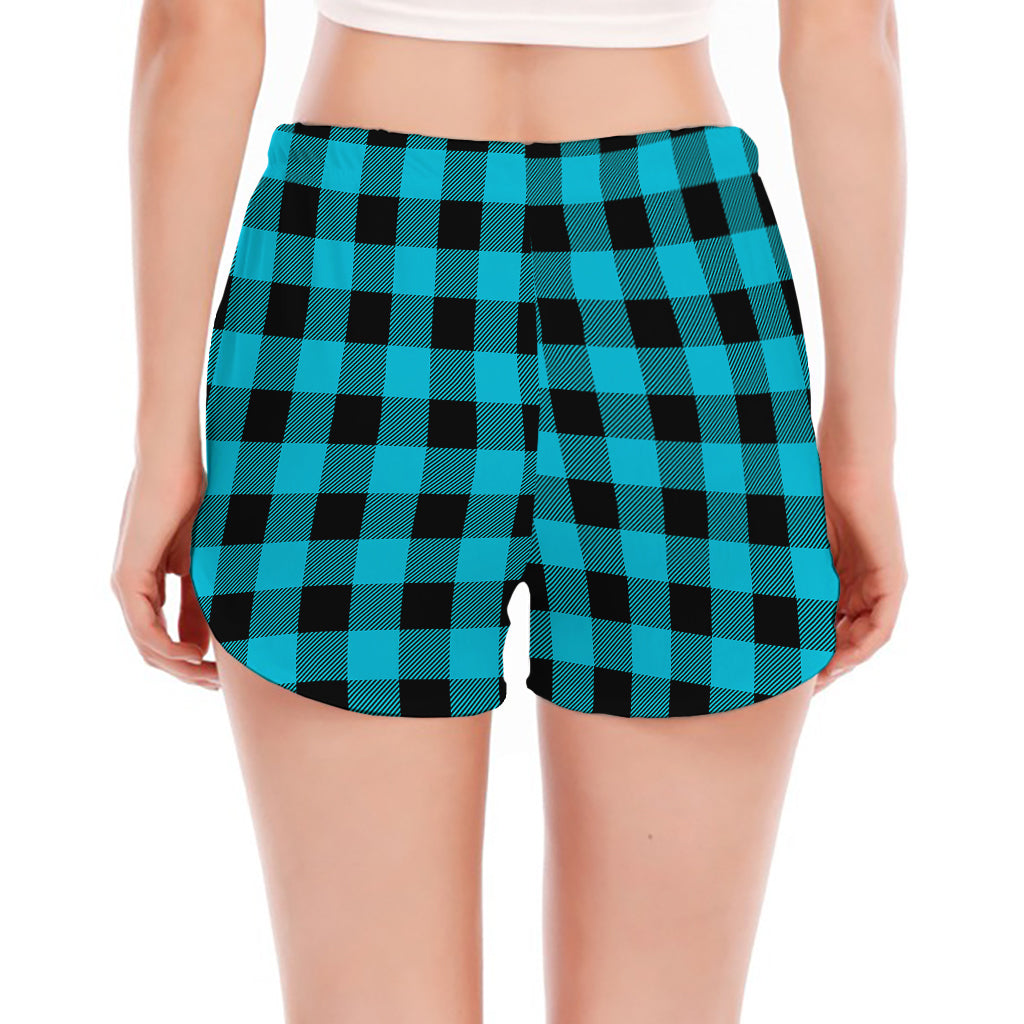 Turquoise And Black Buffalo Check Print Women's Split Running Shorts
