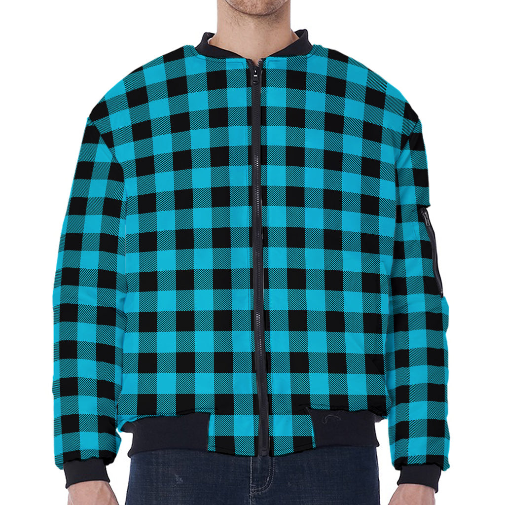 Turquoise And Black Buffalo Check Print Zip Sleeve Bomber Jacket