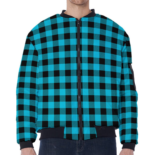 Turquoise And Black Buffalo Check Print Zip Sleeve Bomber Jacket