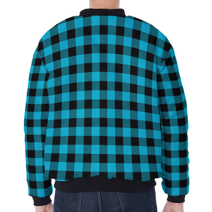 Turquoise And Black Buffalo Check Print Zip Sleeve Bomber Jacket