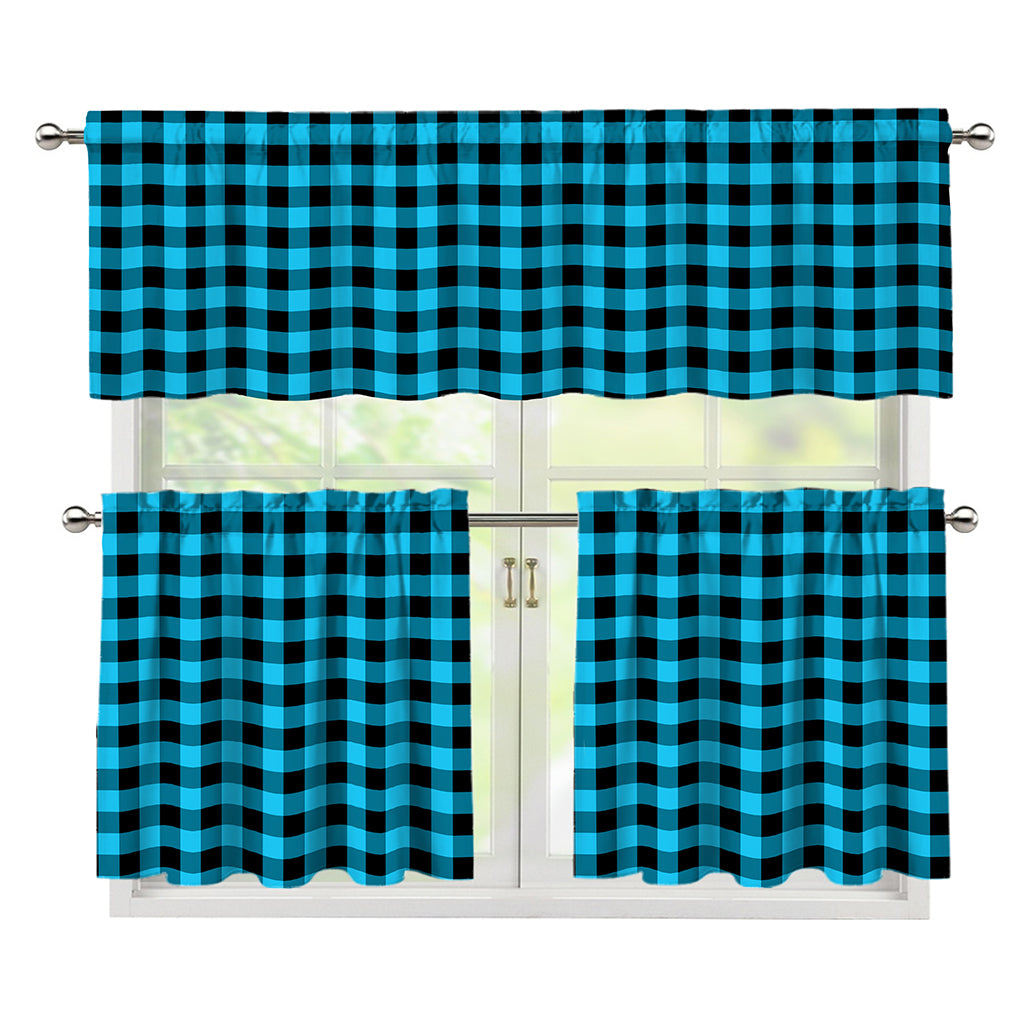 Turquoise And Black Check Pattern Print 3 Piece Kitchen Curtains