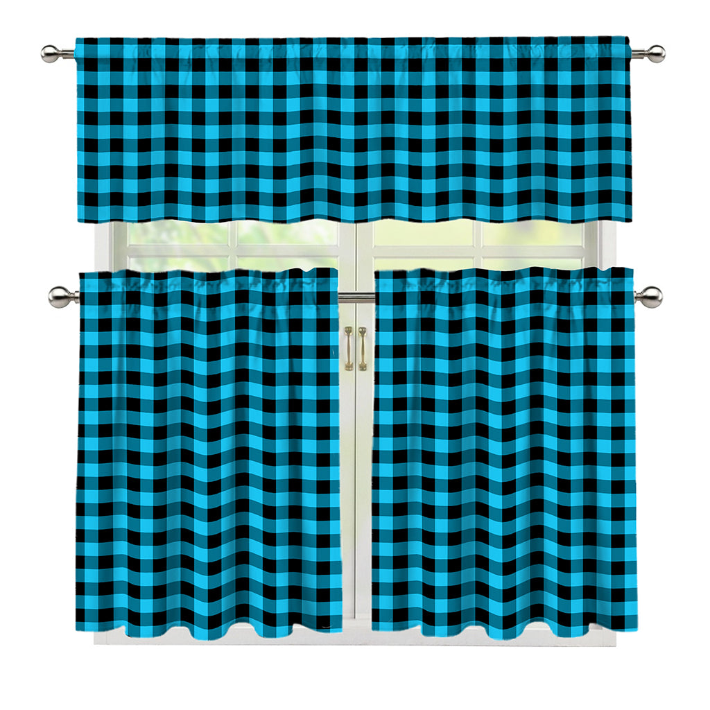 Turquoise And Black Check Pattern Print 3 Piece Kitchen Curtains