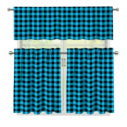 Turquoise And Black Check Pattern Print 3 Piece Kitchen Curtains