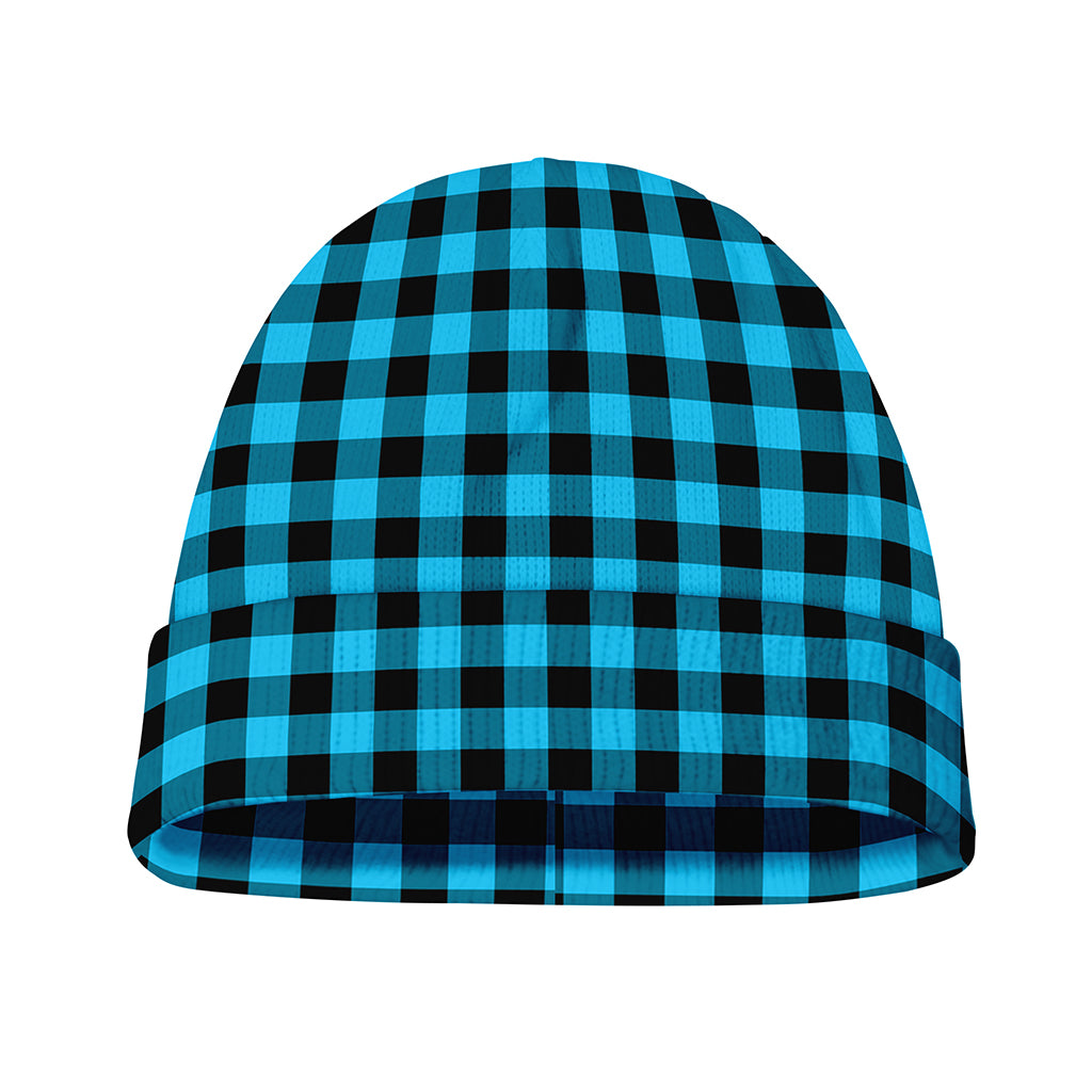 Turquoise And Black Check Pattern Print Beanie