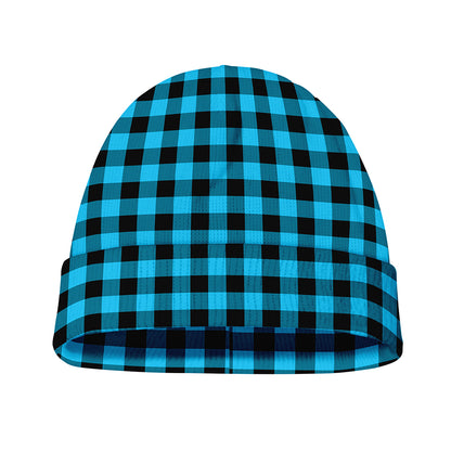 Turquoise And Black Check Pattern Print Beanie