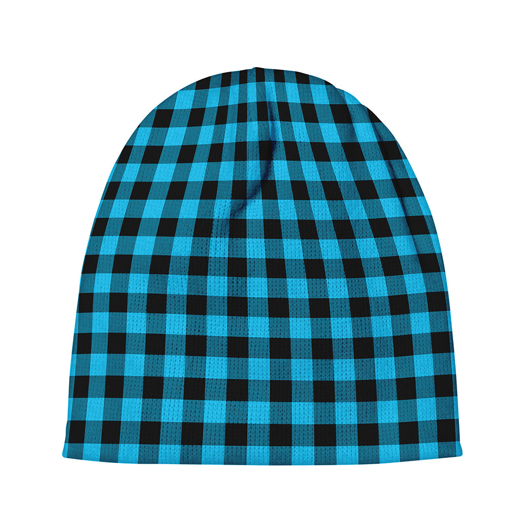 Turquoise And Black Check Pattern Print Beanie