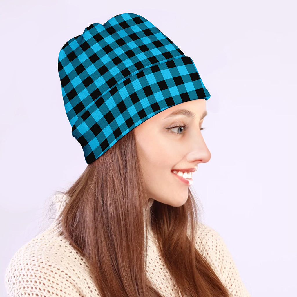 Turquoise And Black Check Pattern Print Beanie
