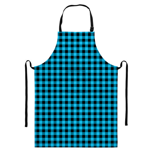 Turquoise And Black Check Pattern Print Bib Apron With Pocket