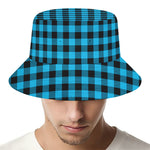 Turquoise And Black Check Pattern Print Bucket Hat