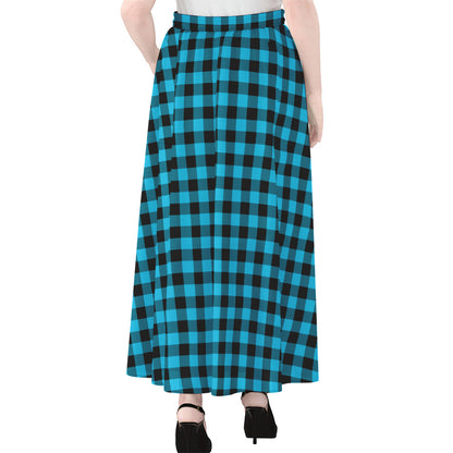 Turquoise And Black Check Pattern Print Chiffon Maxi Skirt