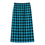 Turquoise And Black Check Pattern Print Cotton Front Slit Maxi Skirt