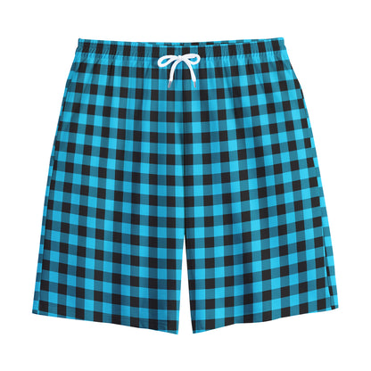 Turquoise And Black Check Pattern Print Cotton Shorts