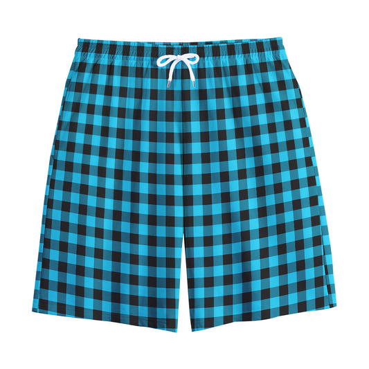 Turquoise And Black Check Pattern Print Cotton Shorts