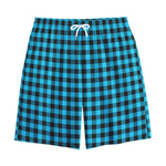Turquoise And Black Check Pattern Print Cotton Shorts
