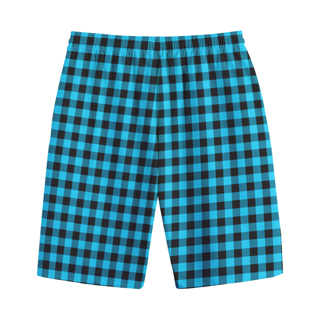 Turquoise And Black Check Pattern Print Cotton Shorts