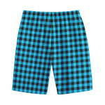 Turquoise And Black Check Pattern Print Cotton Shorts