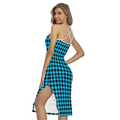 Turquoise And Black Check Pattern Print Cross Back Cami Dress