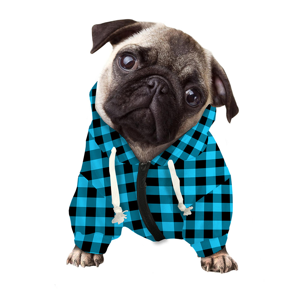 Turquoise And Black Check Pattern Print Dog Zip Up Hoodie