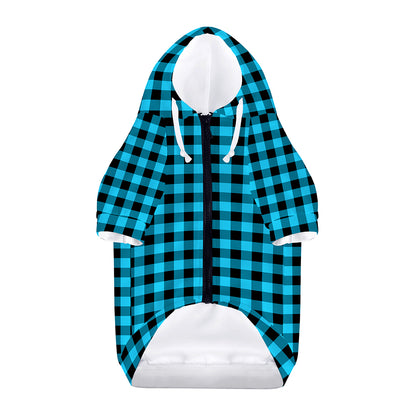 Turquoise And Black Check Pattern Print Dog Zip Up Hoodie