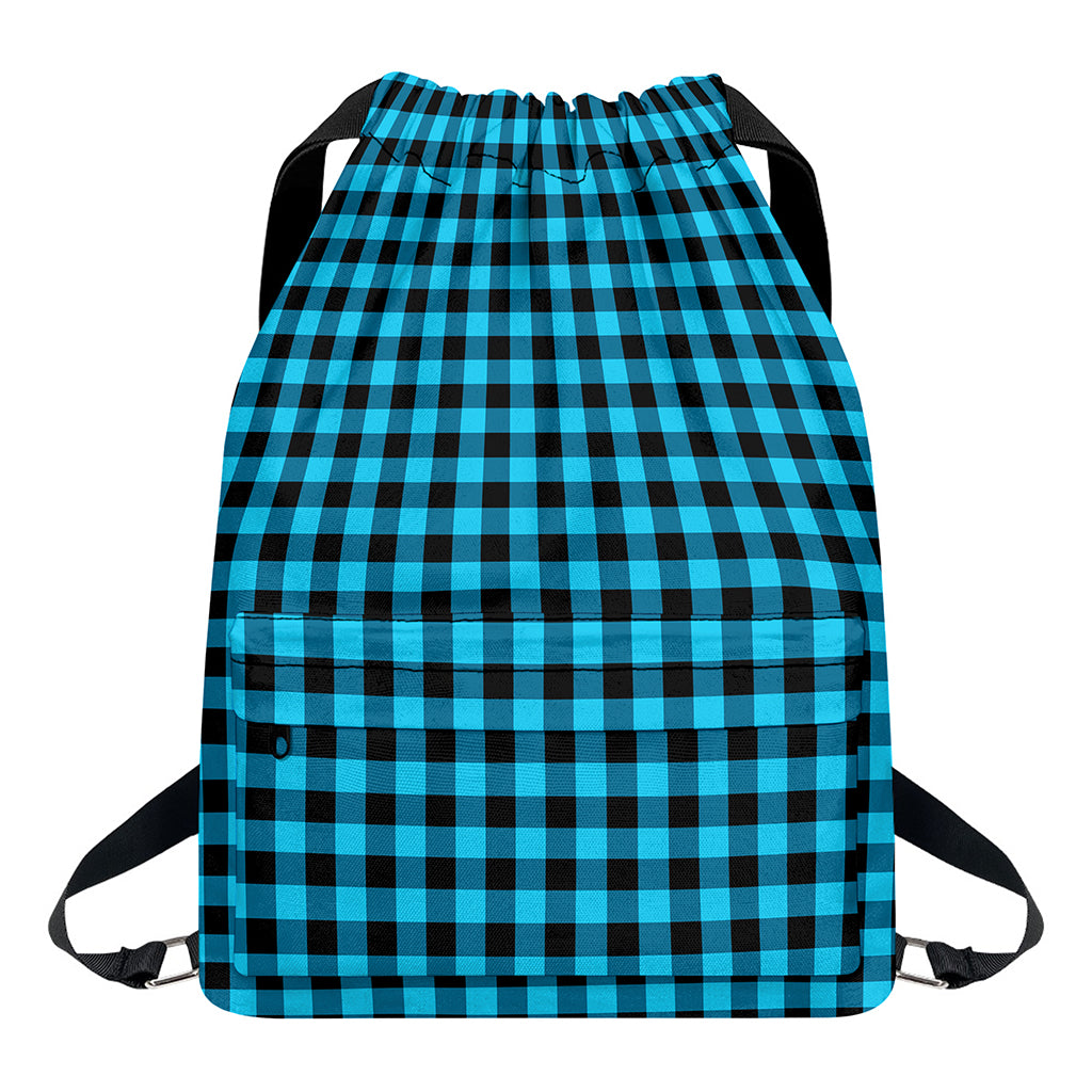 Turquoise And Black Check Pattern Print Drawstring Backpack