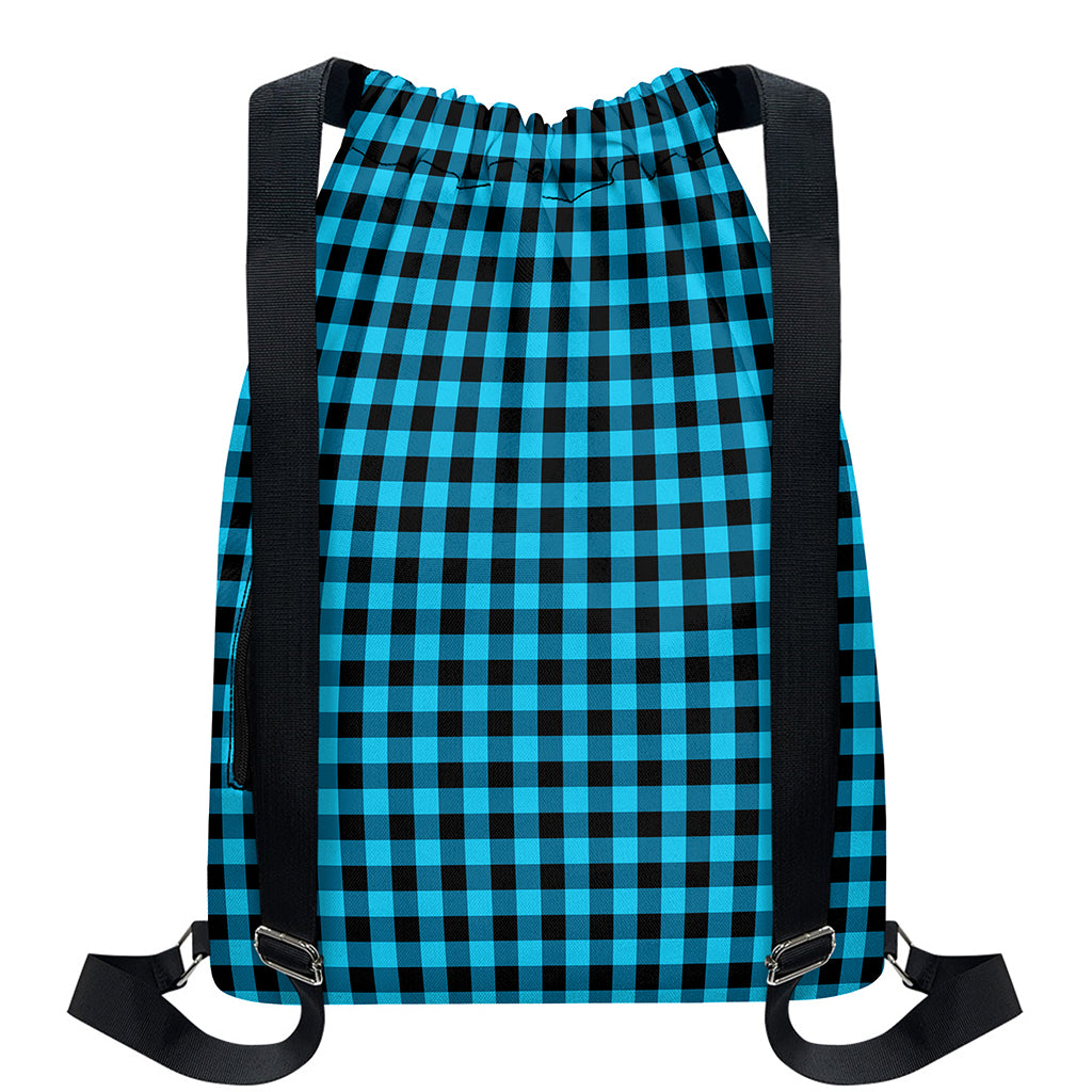 Turquoise And Black Check Pattern Print Drawstring Backpack