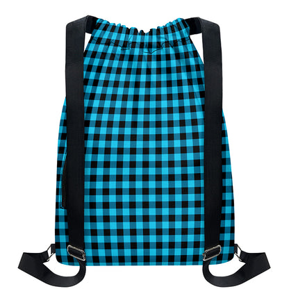 Turquoise And Black Check Pattern Print Drawstring Backpack