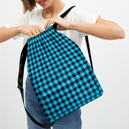Turquoise And Black Check Pattern Print Drawstring Backpack