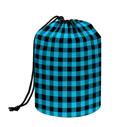 Turquoise And Black Check Pattern Print Drawstring Makeup Bag
