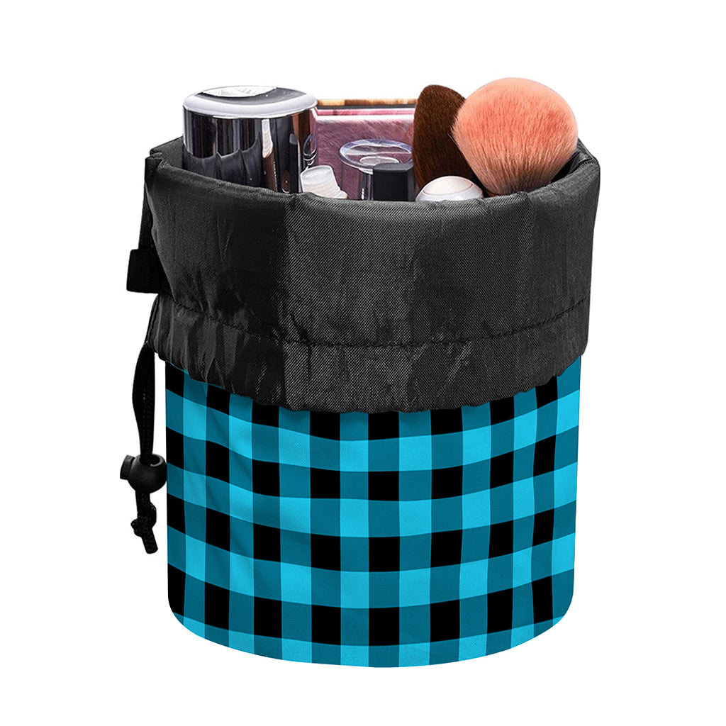Turquoise And Black Check Pattern Print Drawstring Makeup Bag