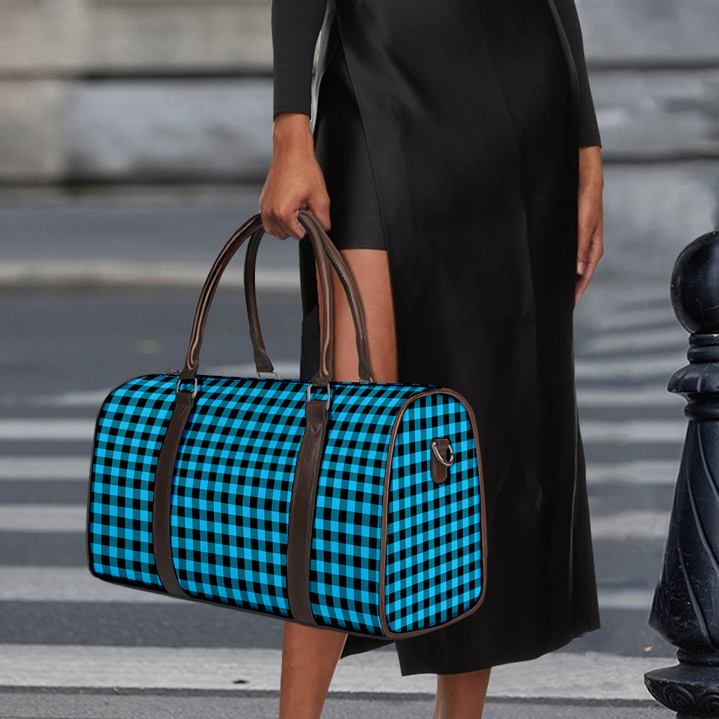 Turquoise And Black Check Pattern Print Duffle Bag