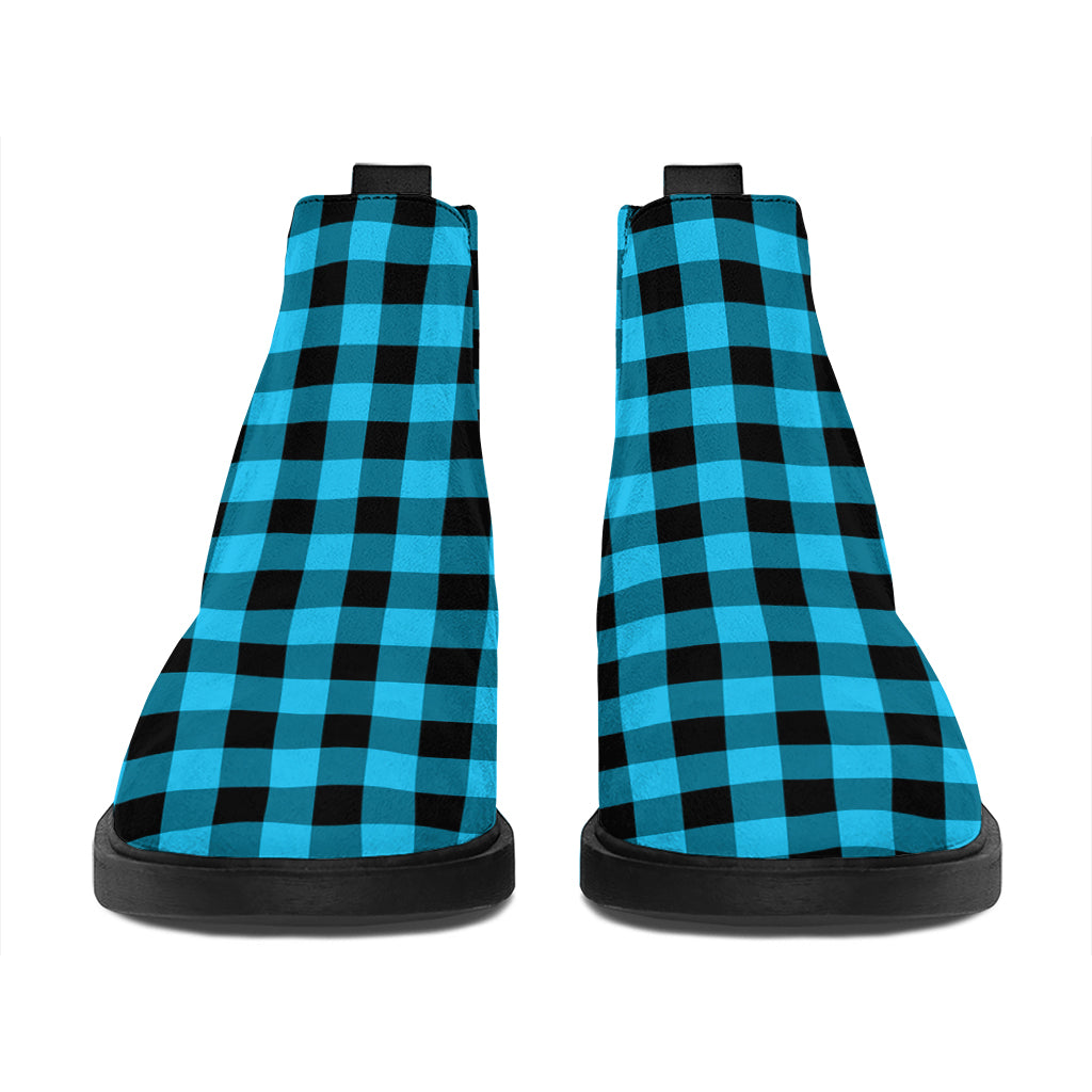 Turquoise And Black Check Pattern Print Flat Ankle Boots