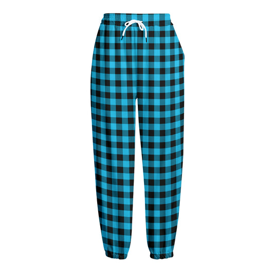 Turquoise And Black Check Pattern Print Fleece Lined Knit Pants