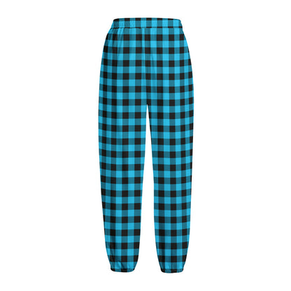 Turquoise And Black Check Pattern Print Fleece Lined Knit Pants