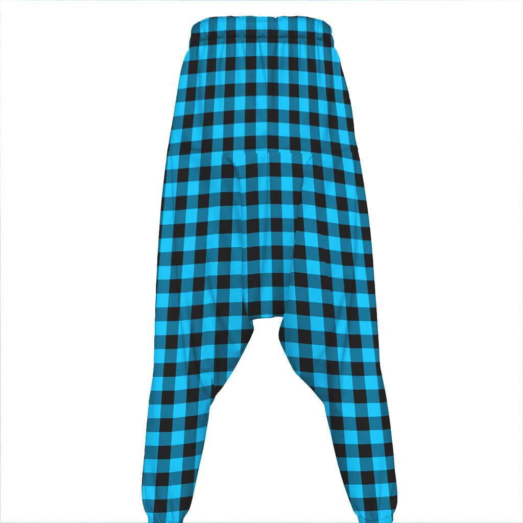 Turquoise And Black Check Pattern Print Hammer Pants