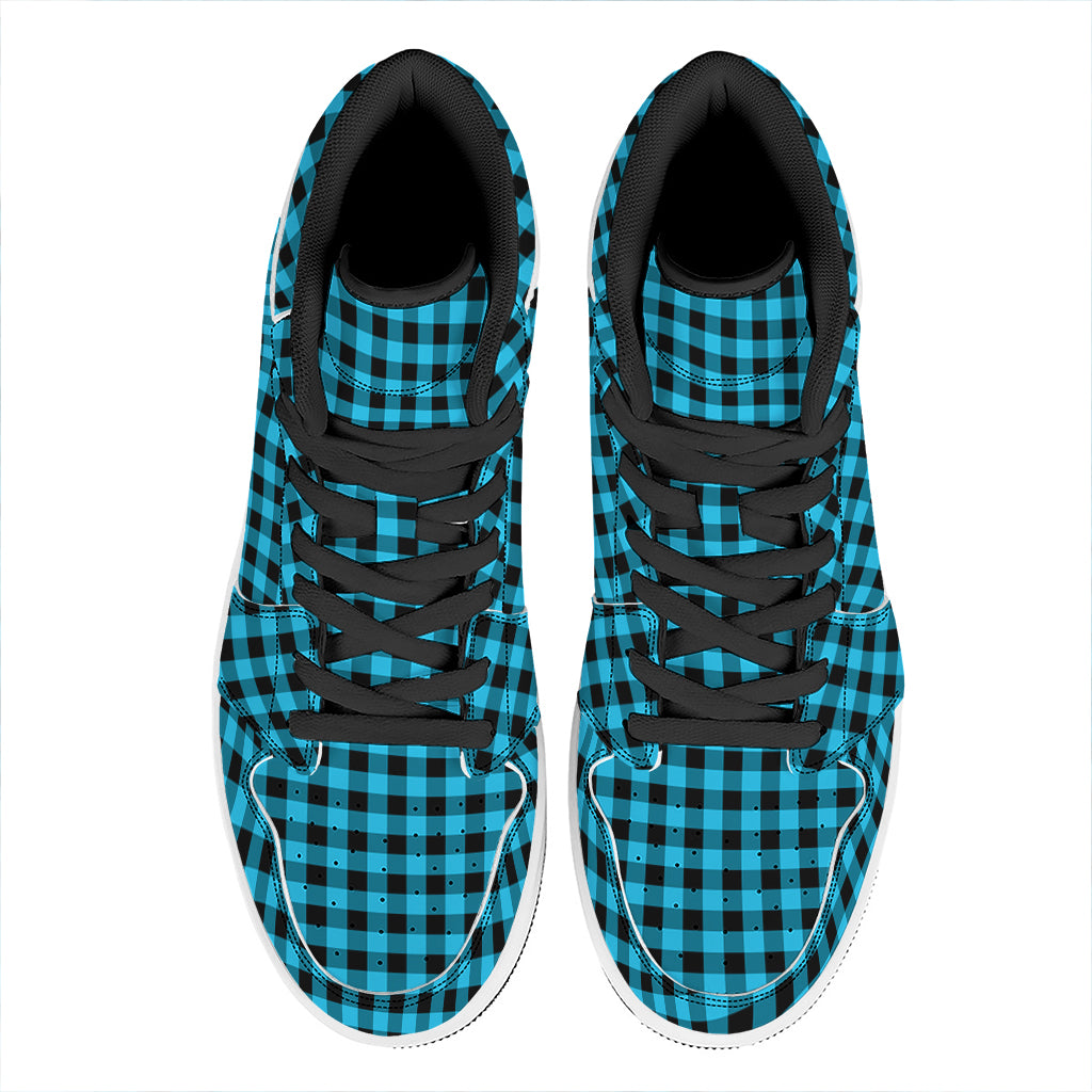 Turquoise And Black Check Pattern Print High Top Leather Sneakers