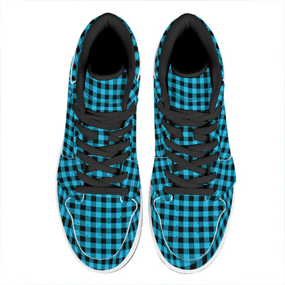Turquoise And Black Check Pattern Print High Top Leather Sneakers