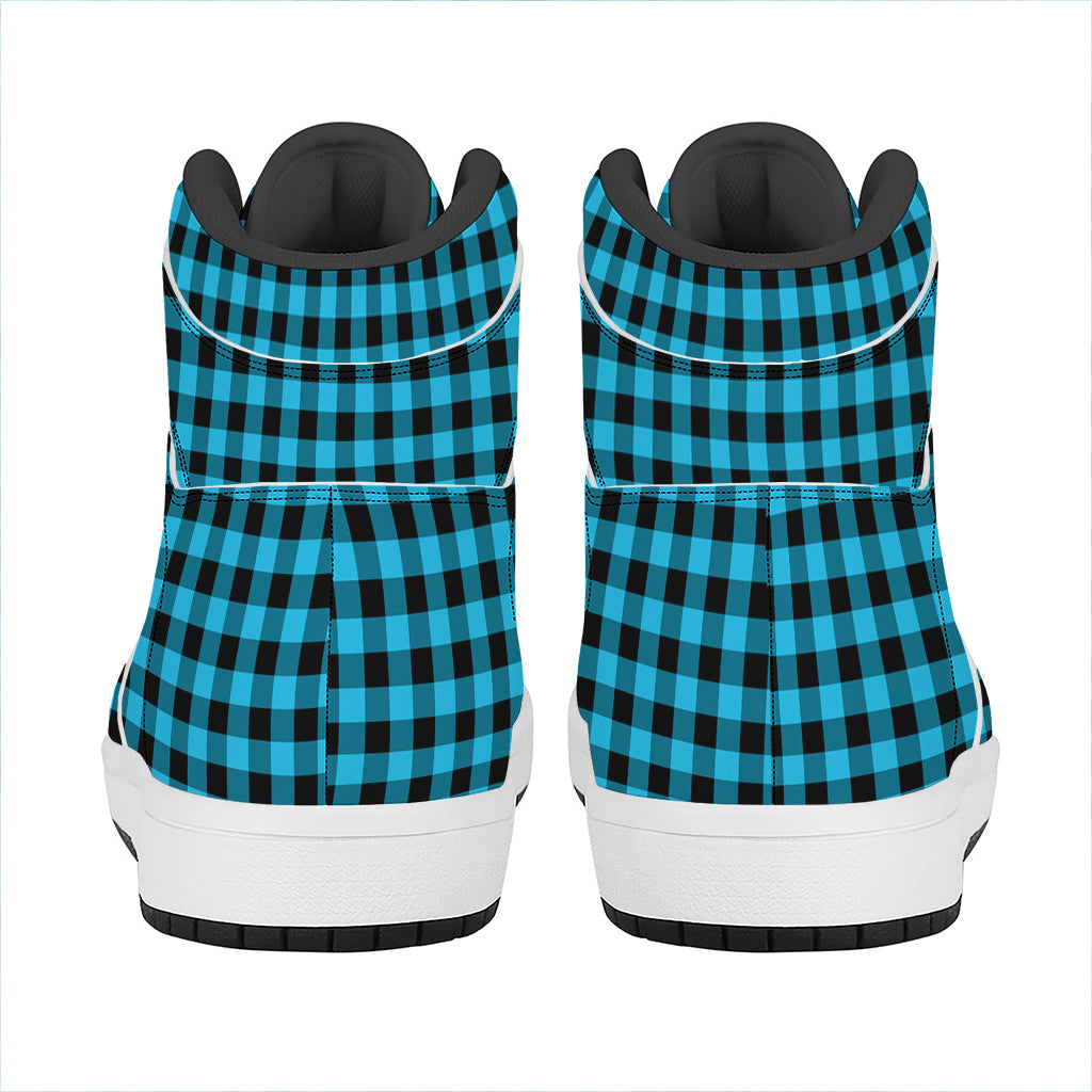 Turquoise And Black Check Pattern Print High Top Leather Sneakers