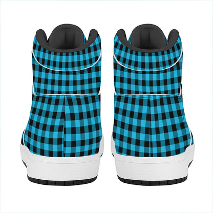 Turquoise And Black Check Pattern Print High Top Leather Sneakers