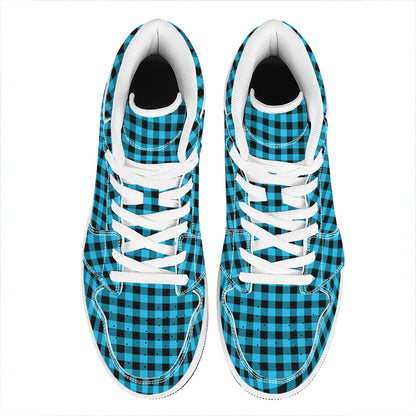 Turquoise And Black Check Pattern Print High Top Leather Sneakers